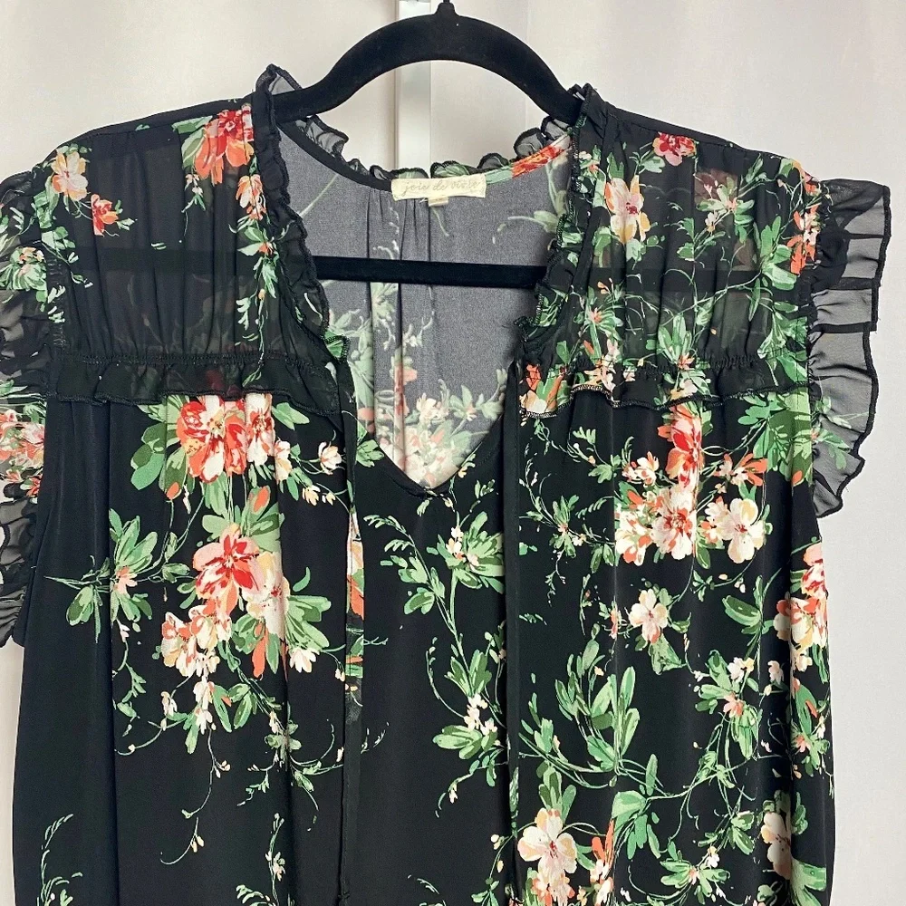 Joie Womenʻs Plus Size Sleeveless Black Floral V-neckline Blouse w/ Tie 1X